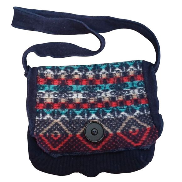 Boho Aztec Women's Crossbody Lined Button Knit Purse Bag Navy Blue Southwestern - Picture 1 of 10